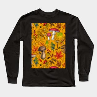 Autumn mushrooms, leaves, nuts and berries on orange Long Sleeve T-Shirt